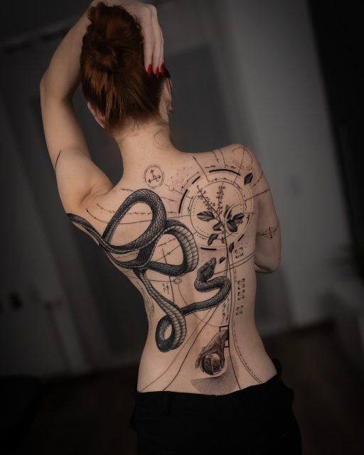 This piece is special—I created it for my girl over the weekends, spending 39 hours on it. It’s one of my favorite works, symbolizing transformation, healing, and revelation. I’m truly grateful.
_
#tattoo #snaketattoo #bigtattoo #sacredgeometrytattoo #backtattoo #feminine #beauty #spiritualtattoo #spiritual #basil #herbalmedicine #pomegranade #snake #runes #runetattoo #anatomical #womantattoo #concetualtattoo #tattoocomposition #tattooswithmeaning